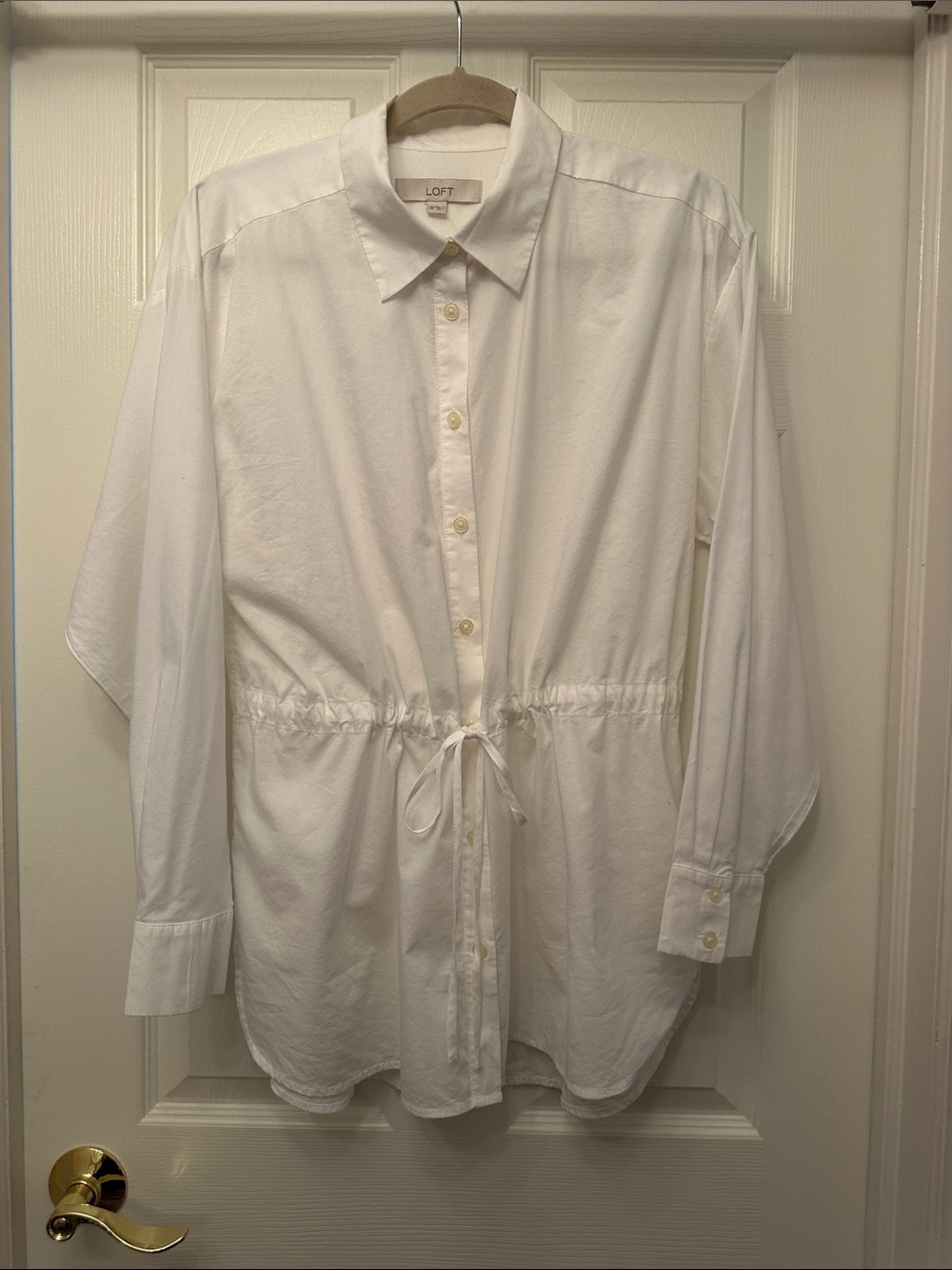 LOFT White Drawstring Button-Front Blouse